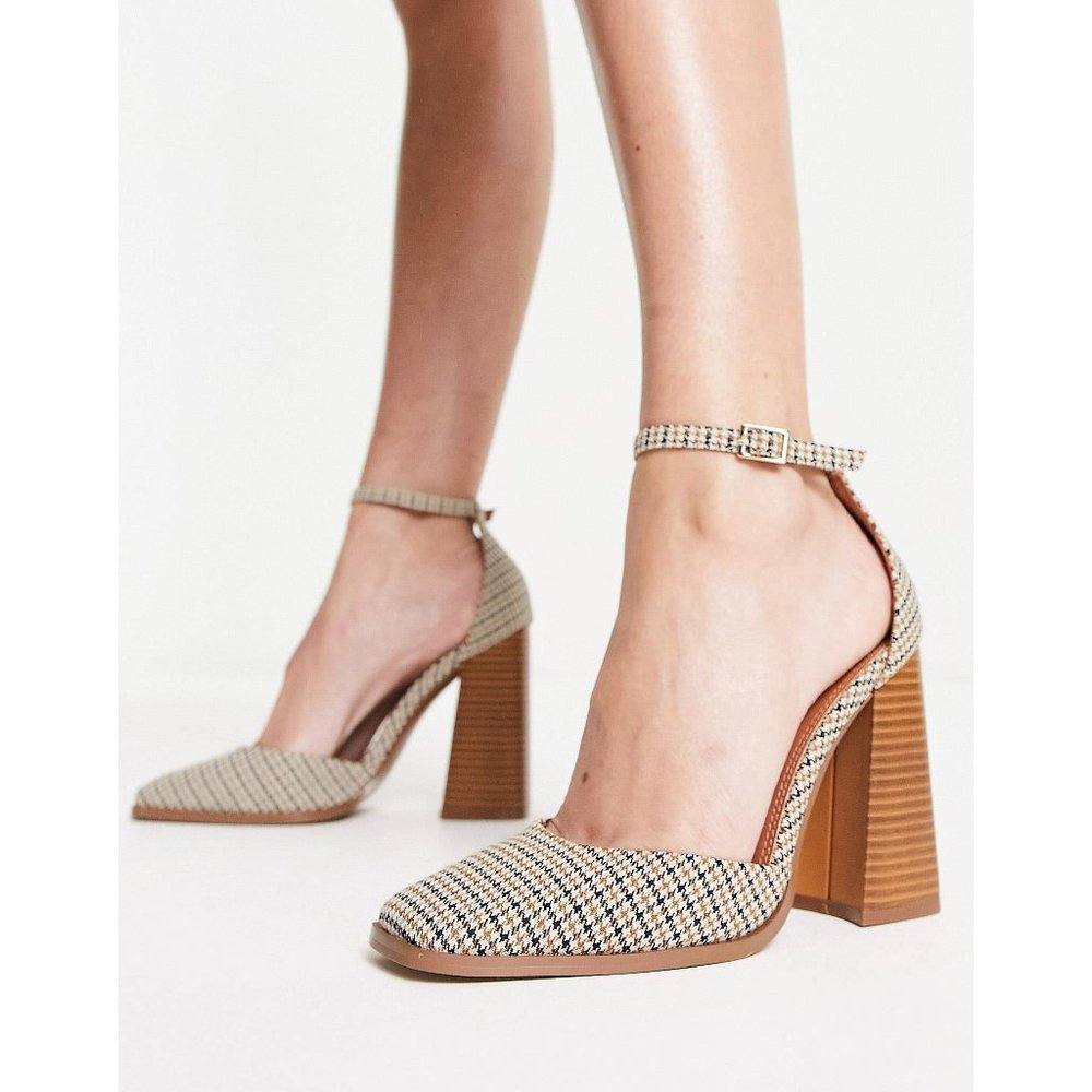 ASOS DESIGN Pyra Square Toe Block Chunky Heeled Shoes Heels Checkered Plaid